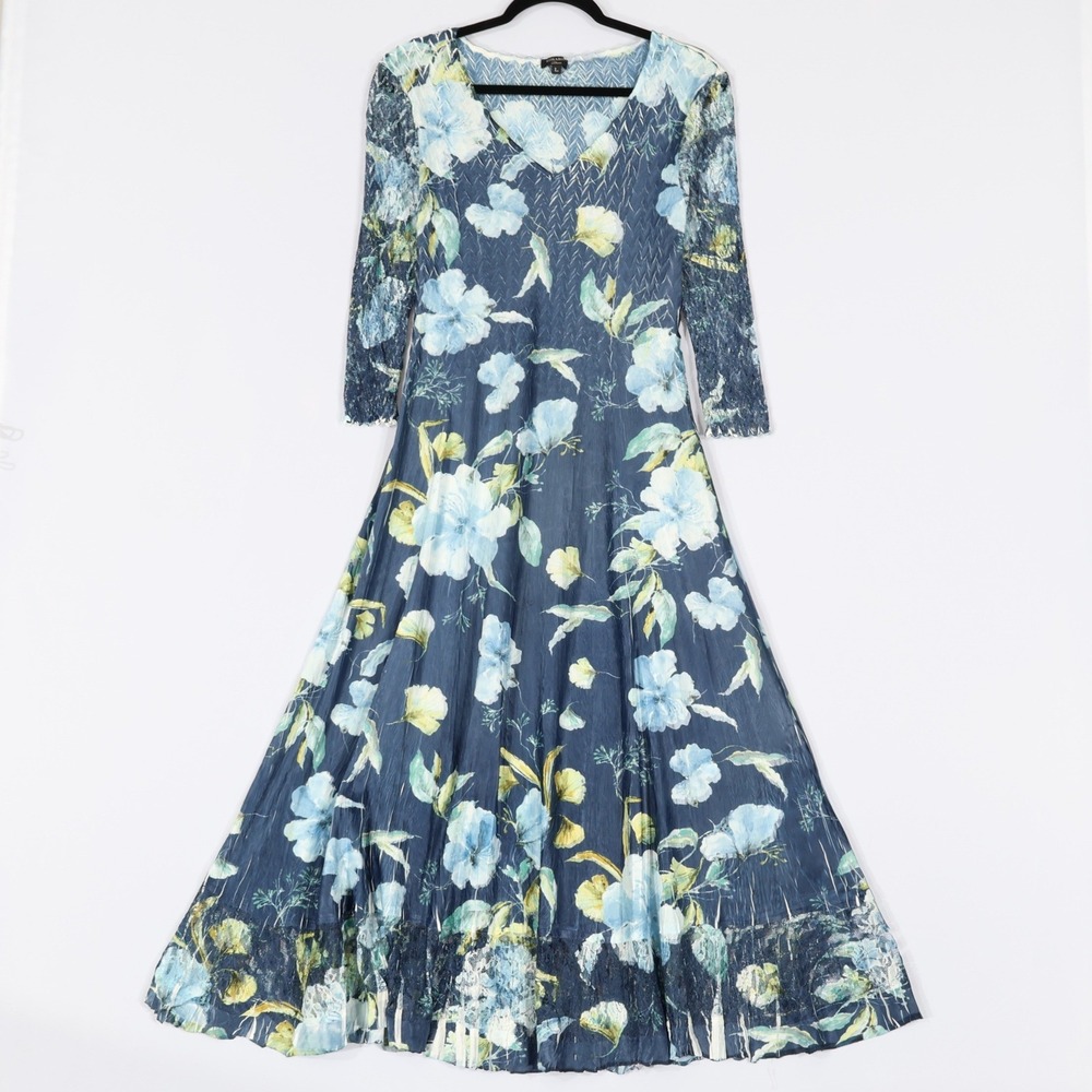 Komarov Floral Pleated Maxi Dress Womens Large Blue Crinkle Romantic Feminine